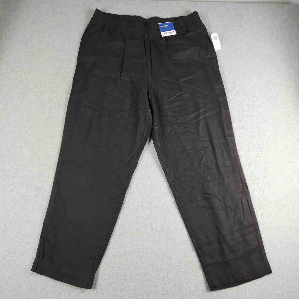 Old Navy Straight Ankle Pants Womens L Black Linen High Rise Comfort Waistband